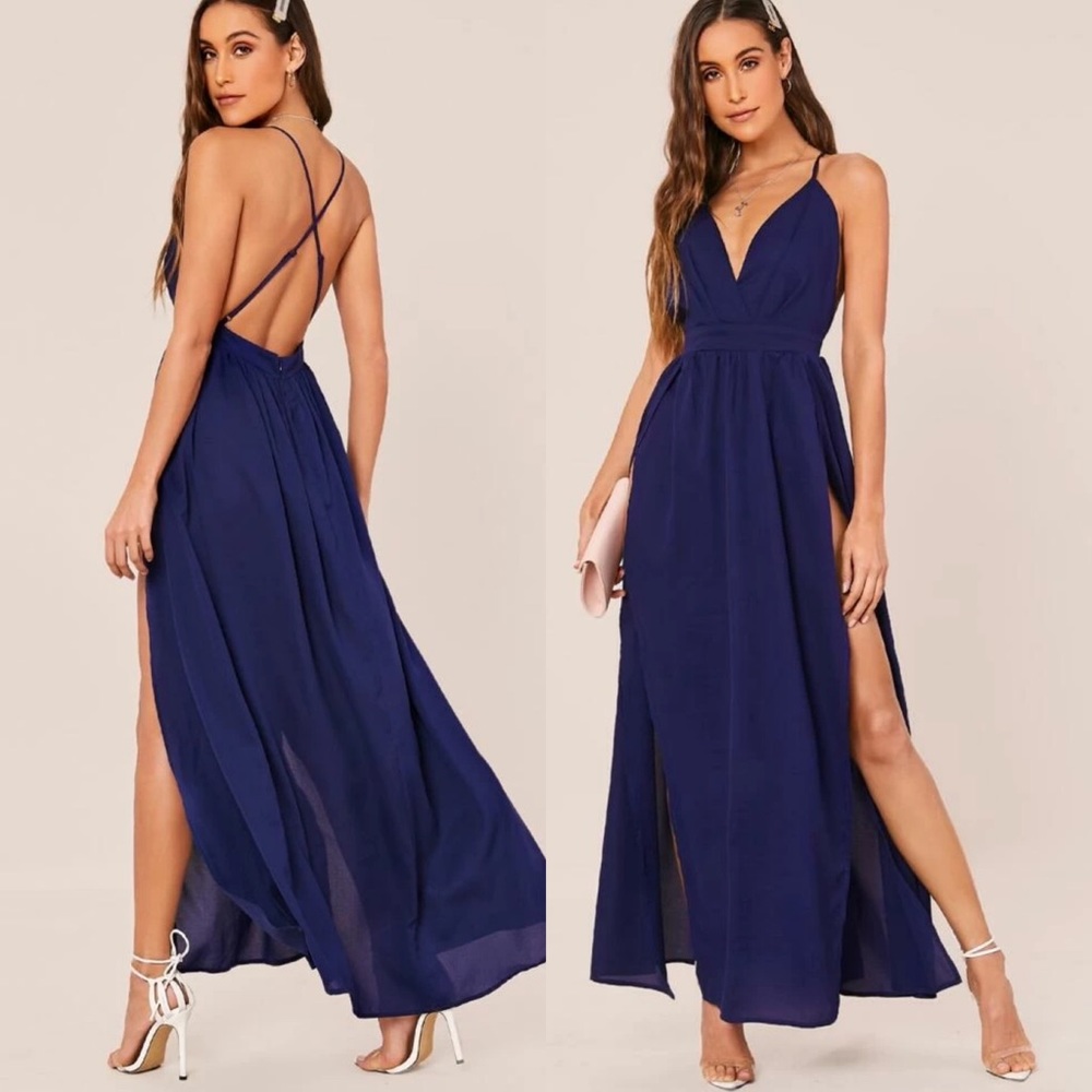 Criss cross thigh slit maxi dress v neck burgundy - Picture 2 of 3